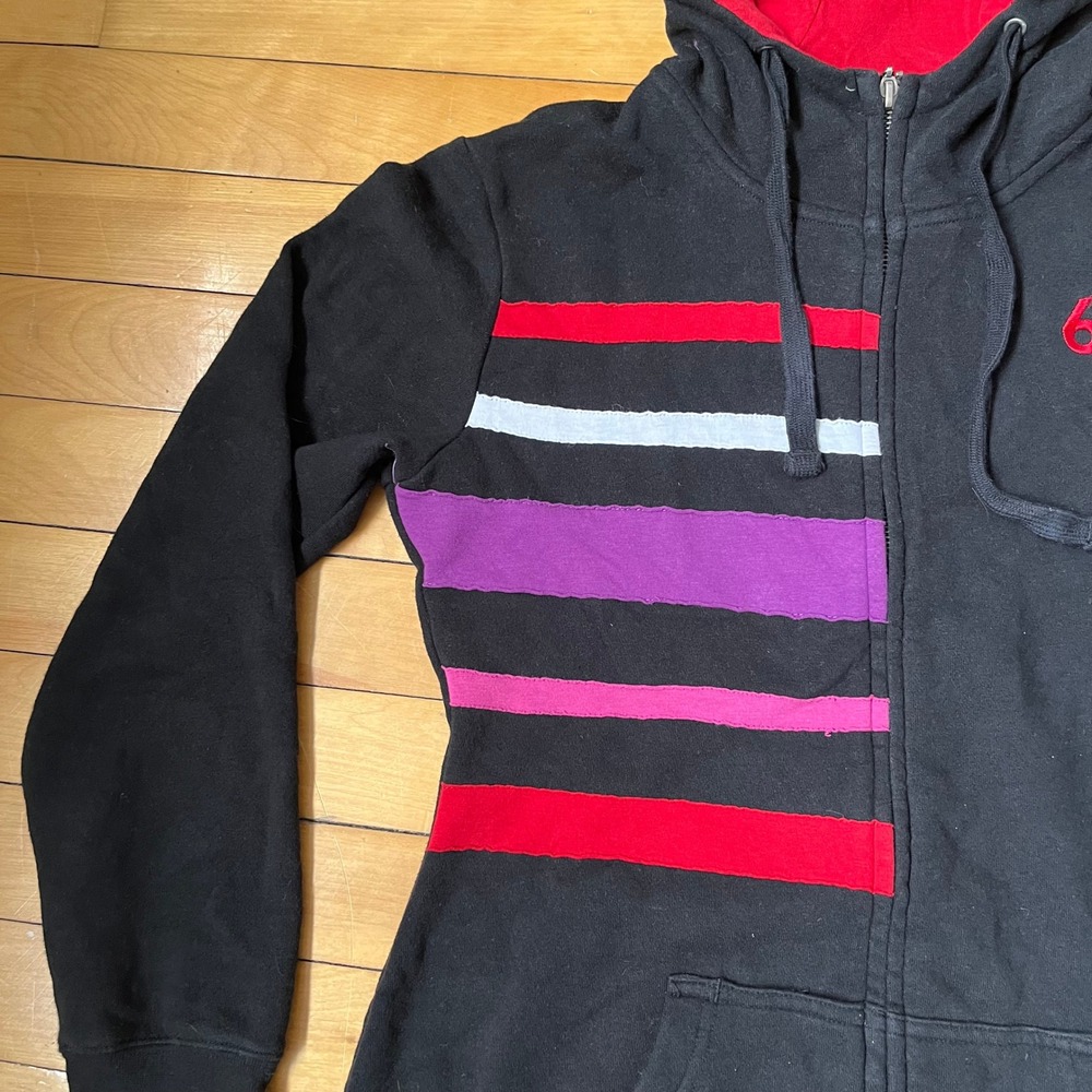 686 Womens Full Zip Hoodie Black Striped Longline Sweatshirt Thumbholes Small - Picture 3 of 8
